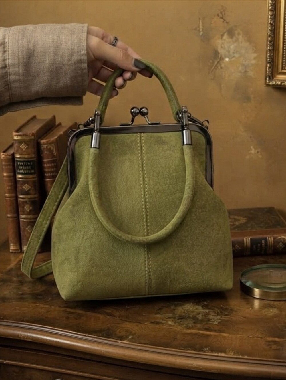 Vintage-Inspired  Kiss Lock Olive Green Top-Handle & Crossbody Women's Bag